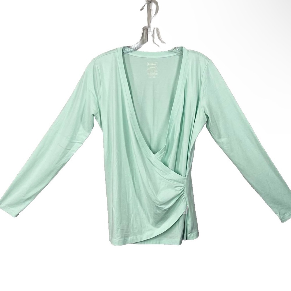 LL Bean Supima Cotton Blend Wrap Blouse Pastel Green Long Sleeve V Neck Sz XS